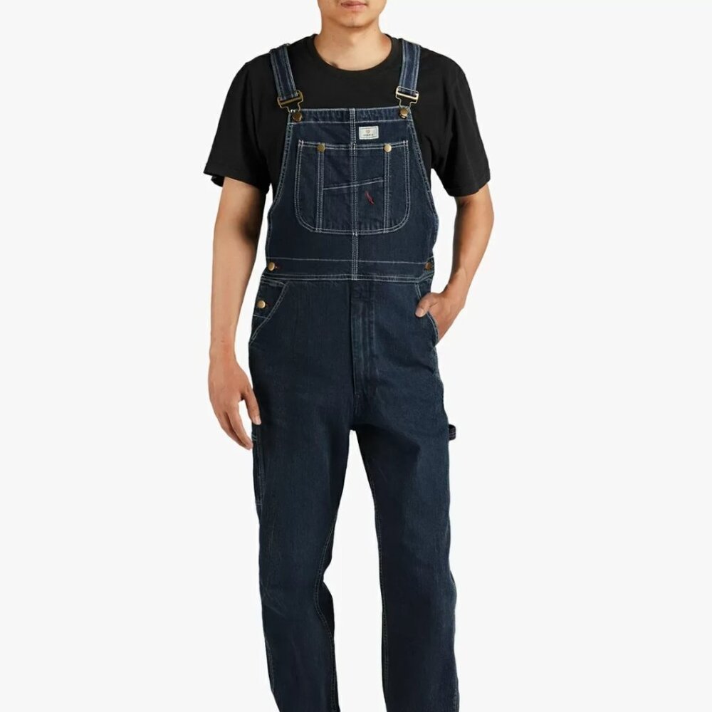 Hisea Navy Men's Denim Bib Overalls Relaxed Fit Size 38W/34L